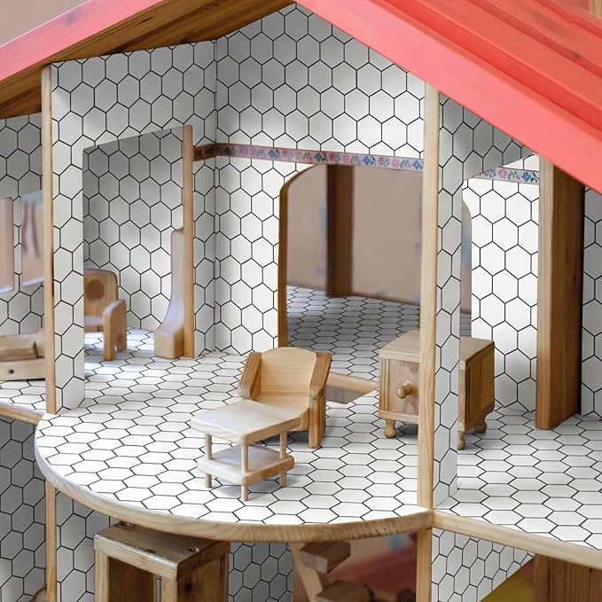 Flutesan 12 Pcs Miniature Dollhouse Wallpaper and Flooring Peel and Stick Mini DIY Self Adhesive Dollhouse Accessories 8.27 x 11.69 Inch (Hexagonal Grid)