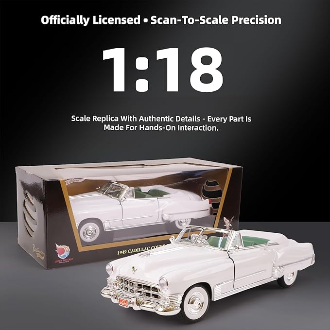 1949 Cadillac Elvis 1/18 Scale Die-Cast Metal Model Car with Opening Doors & Display Case - Premium Classic Vintage Collectible Car for Kids Men and Teens (White)