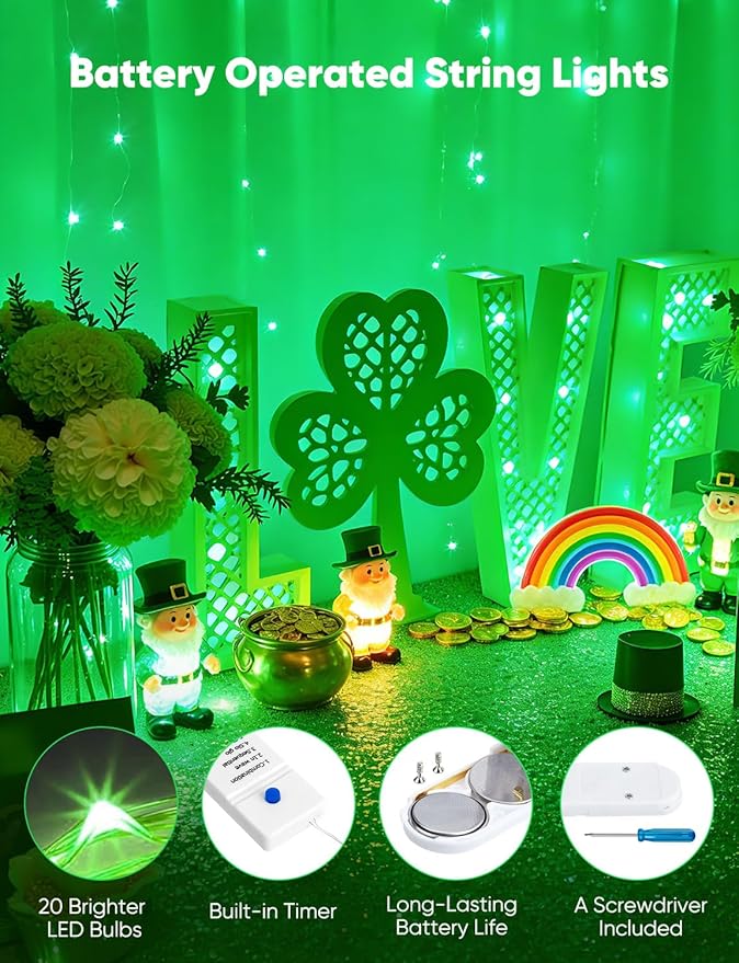 Minetom 12 Pack Green Christmas Lights, St Patricks Day Lights, 7ft 20 LED Fairy Lights Battery Operated String Lights, St Patricks Day Decorations, 8 Modes Timer Waterproof Silver Wire Twinkle Lights