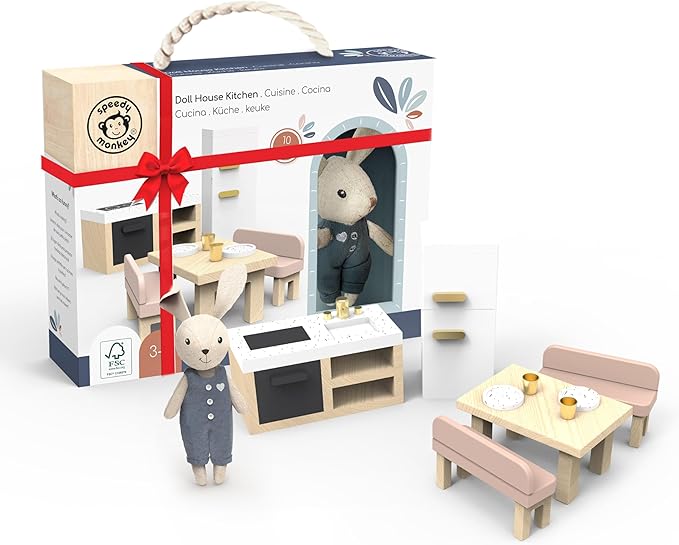 SPEEDY MONKEY Doll House Kitchen Playset with Bunny – Miniature FSC Wooden Kitchen Furniture Set – Dining Table, 4 Chairs, Fridge & Accessories – Pretend Play Doll House Decor Toy for Kids & Girls