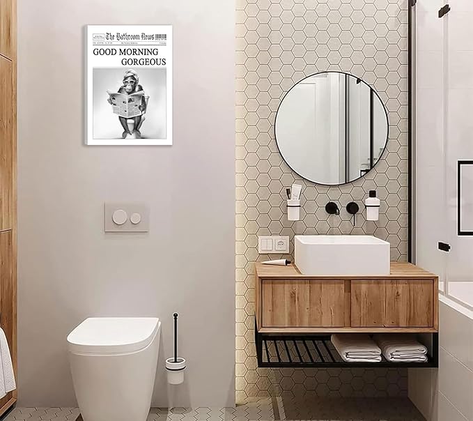 Funny Gorilla Bathroom Canvas Wall Art Black White Gorilla Reading Newspapers Painting Picture Wall Decor Humorous Bathroom Animals Poster Print Artwork for Toilet Home Decoration 12x16in