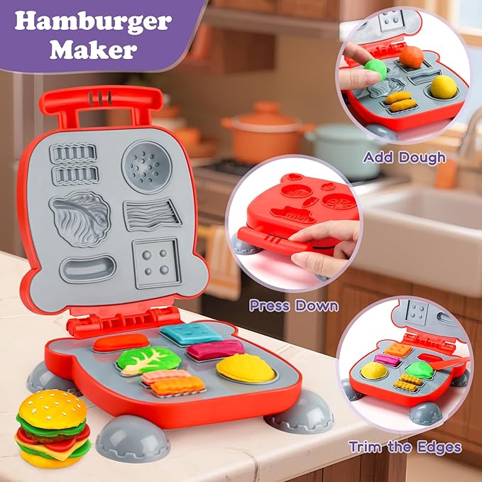 Aprilwolf 60 PCS 3 in 1 Dough Sets for Kids Ages 3-4-8, Art Crafts Dough Tools Kit, Unicorn Hair Stylist, Ice Cream Playset Hamburger Maker Machine, Kitchen Creations Food Play Toys Boys Girls