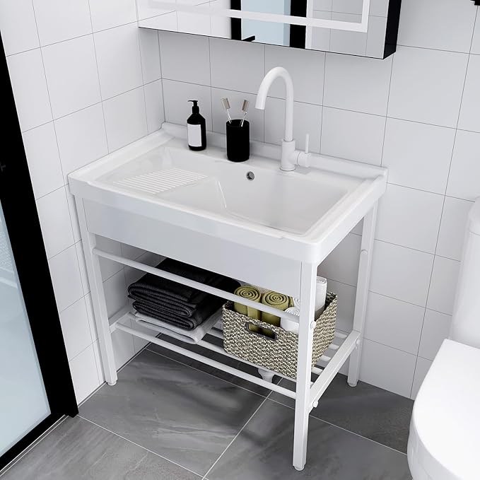 GGW Freestanding Laundry Sink, Ceramic Utility Sink with Washboard and Faucet, Laundry Tub for Laundry Room, Garage, Basement, Outdoor and Indoor, 28.3"W x 19"D x 32.3"H, White