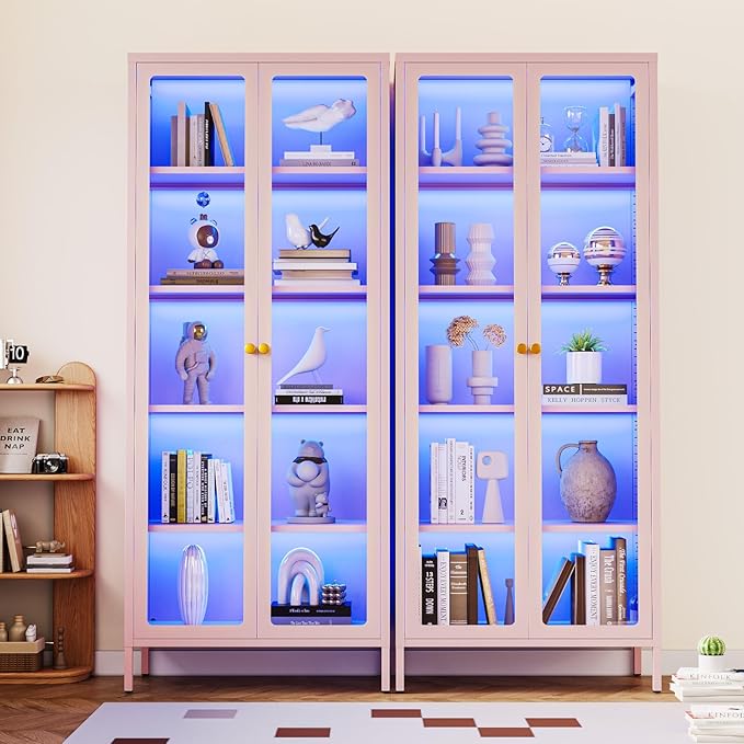 5-Tier Display Cabinet with 13-Color Light, 67" Tall Bookcase Bookshelf with Glass Doors & Adjustable Shelves, Metal Storage Cabinet Display Case for Collectibles Curios Trophies - Pink