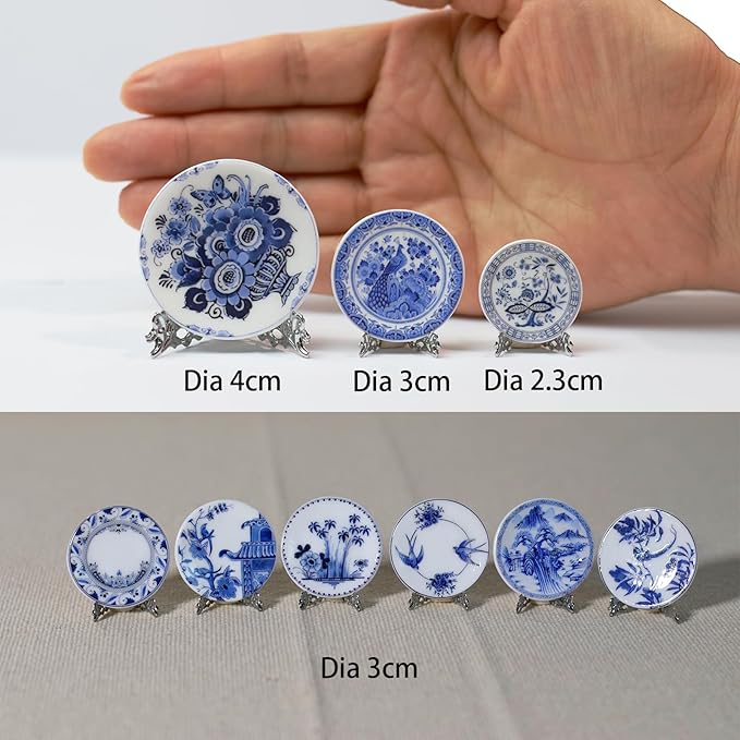 6PCS Handcrafted Miniature Ceramic Plates in 1:12 or 1:6 Scale, Vintage Porcelain Playhouse Dishes (Blue-White C, 3CM)