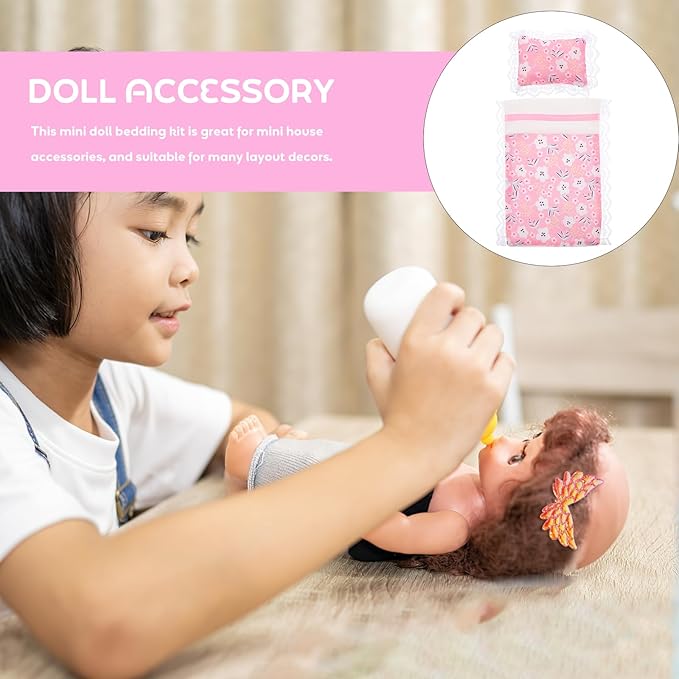 Dollhouse Bedding Accessory Set - Minituare Bed Sheet & Pillow Set Realistic Dollhouse Bedroom Decoration Pink Mini Flower Lace Blanket for Fairy Garde Micro Scene, 6.68X4.72 Blanket