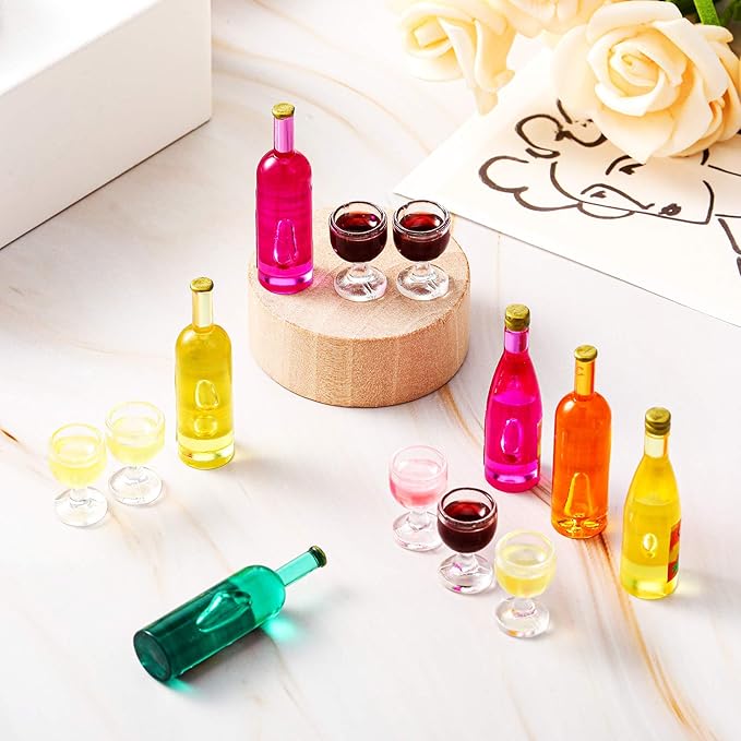 Sumind 18 Pieces Dollhouse Wine Bottles Champagne Cups for Doll Miniature Glasses Goblet Cups Mini Miniature Drink Bottles Kitchen Accessories for Dollhouse Decors(Red Wine Style)