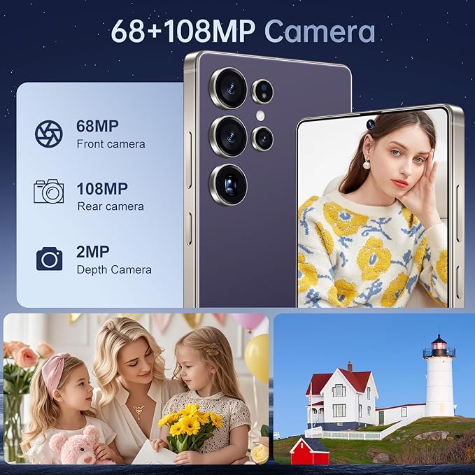 BDWJW I25 Ultra Smartphone 16GB+512GB Android 14 Smartphone, 6.99" FHD+ Display, 7000mAh Battery, 108MP+68MP Dual Camera, Built-in Pen Stylus, Fast Performance Large Memory (Purple)