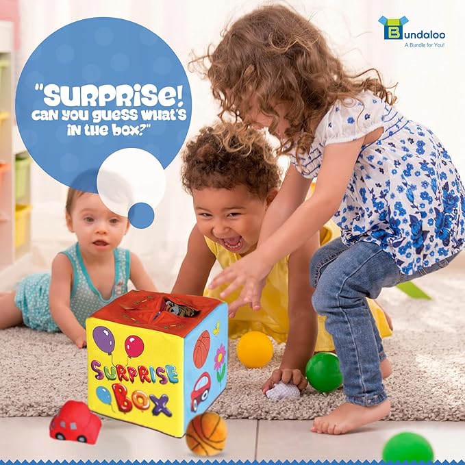 Bundaloo Surprise Mystery Box with 8 Premium Plush Toys - Soft Sensory Playset with Press to Hear Sounds, Various Plush, Stuffed Animals, Vehicles, Balls for Babies & Toddlers