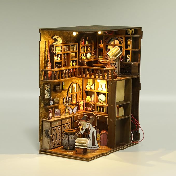 Book Nook Kit - DIY Miniature Dolls House Kit with Furniture and LED Light, 3D Puzzle Wooden Art Bookends, Model Kits for for Adults and Teens (Magic Night)