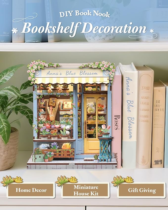 CUTEBEE Book Nook Kit - DIY Miniature House Dollhouse Kit for Adults, Booknook Tiny House Bookshelf Decor 3D Wooden Puzzle, Gifts for Family and Friends (Anna's Blue Blossom)