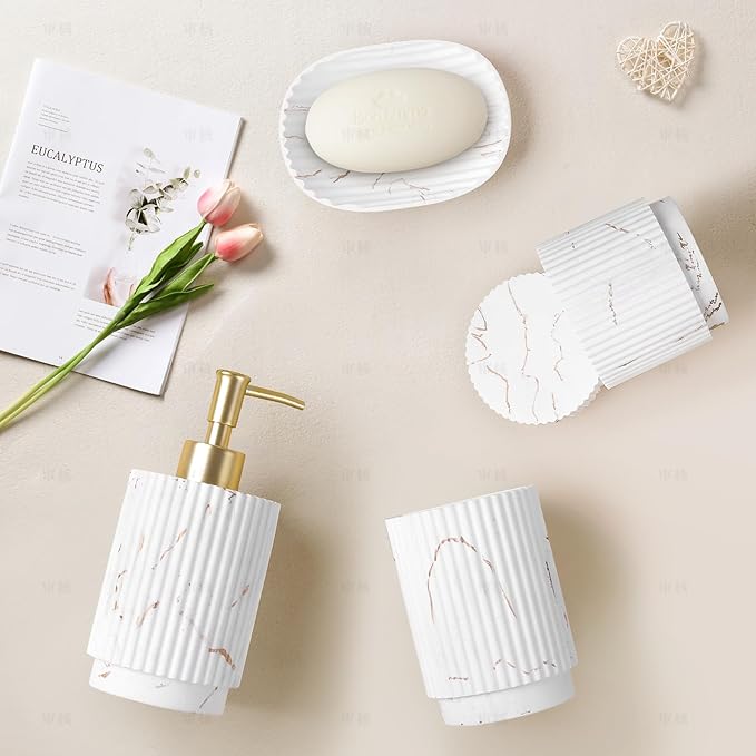 SEEYUAN Bathroom Accessories Set 4 Pcs-Toothbrush Holders Set, Soap Dispenser, Cotton Swab Jars, Vanity Tray, Bathroom Organizer for Modern Bathrooms Decor, Gift for Home Apartment