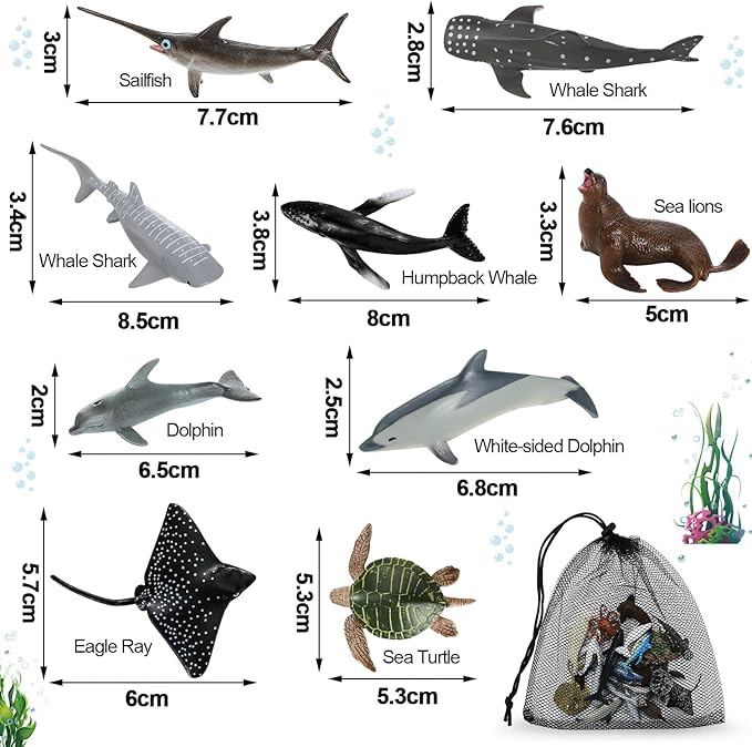 20 Pack Realistic Sea Creature Toys Animals with Mesh Bag Assorted Sea Animal Toys Including Shark, Dolphin, Whale for Ocean Party Decor Party Favors