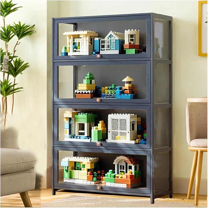 Curio Display Cabinet with Acrylic Doors for Collectibles Small Curio Cabinet 4 Tier 3 Tier Figures Display Case Toys Display Shelves Vitrina Storage Cabinet,Gray,4 Tier_Flip Up Door