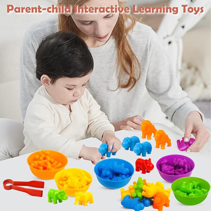 Counting Animals Toys Matching Game with Sorting Bowls Preschool Learning Activities Montessori Sensory Toy for Math Color Sorting, Party Favors Birthday New Year Gifts for Kids Toddlers