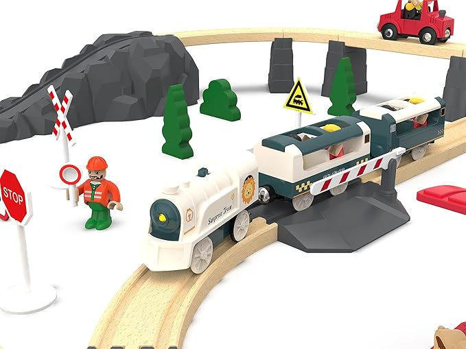 Battery Powered Train Set for Railway System, Electric Train Toys for Wooden Tracks, 3Pcs Motorized Locomotive Trains for Toddlers Compatible with Thomas & Friends, Brio, Chuggington