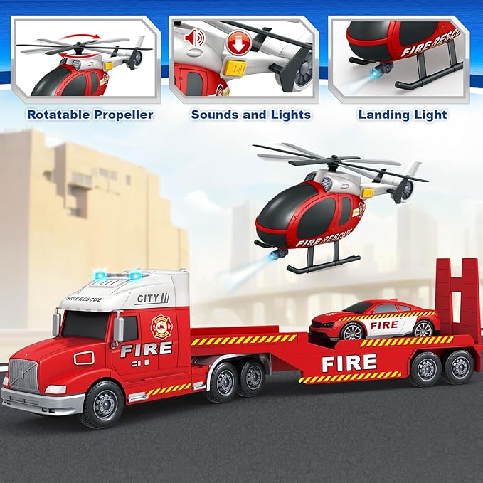 Kids Toys for 3 4 5 6 7 8 Years Old Boys, 27" Fire Truck Toy with Racing Car and Helicopter, Toddler Friction Powered Truck Vehicle Toy with Lights, Sounds for Boys Girls Christmas Birthday Gifts