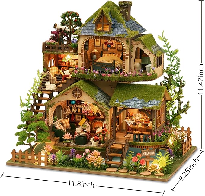 DIY Miniature House Kit: 3D Wooden Puzzle Dollhouse Kit, Mini House Building Kits for Adults Teens, Tiny Model House Building Miniature Kit with LED Light, Forest Adventure