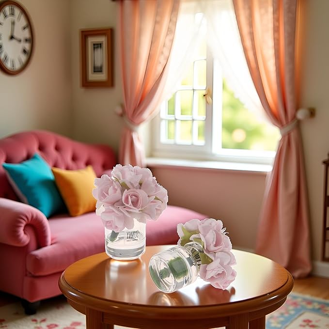 2 Pcs Dollhouse Miniature Flowers Dollhouse Mini Vase with Flower Dolls House Flower Glass Vase 1:12 Scale Dollhouse Miniature Flower in Vase, Lightweight Dollhouse Decor