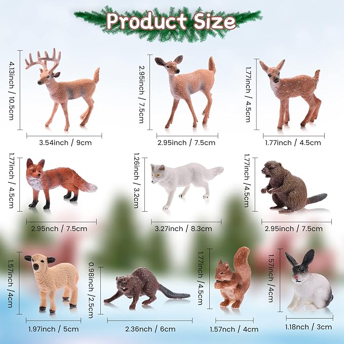 10 Pieces Forest Animals Figures Miniature Woodland Animal Figurines Small Squirrel Beaver Rabbit Deer Family Educational Playset Toys Cake Toppers for Graduation Gift Birthday Party Supplies