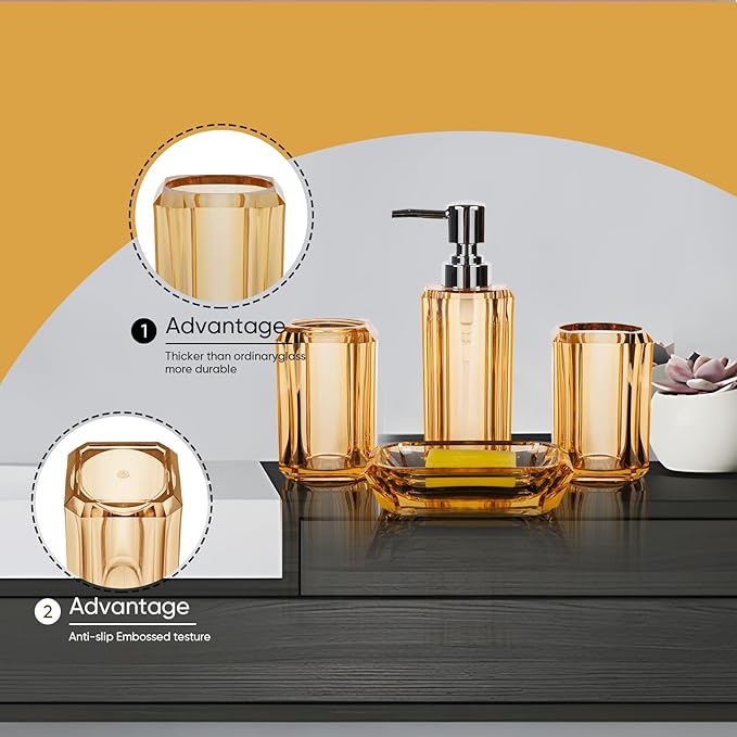 LGURT 4 Piece Premium Acrylic Bathroom Accessory Set, Hand Sanitizer Bottle, Lotion Can Bathroom Suit, Separate Bottle Soap Box, Mouthwash Cup, Toothbrush Cup (Champagne Gold)