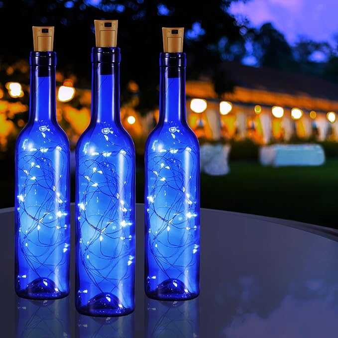 Rtteri 12 Sets Small Empty Wine Bottles with Cork Lights Centerpiece and 30 LED Battery Operated Cork Lights for Birthday Wedding Party Decoration(375 ml,Blue Bottle)