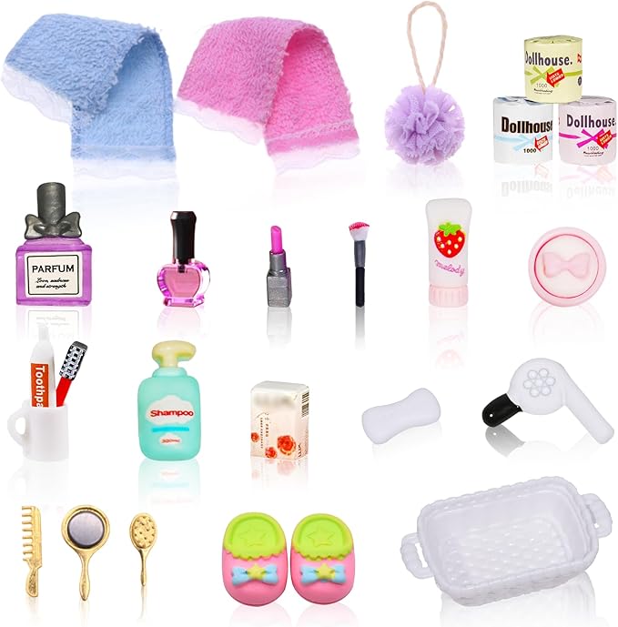 25 Pcs 1 12 Scale Miniature Bathroom Accessories Mini House Bathroom Set Mini Hair Dryer Brush Comb Mirror Perfume Toothpaste Toothbrush Makeup Set for Mini House Bathroom Decoration