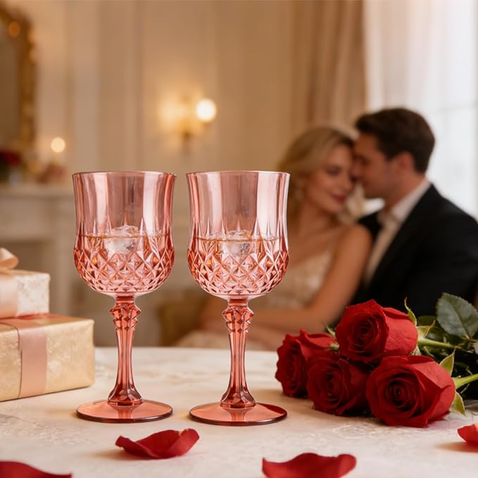 LEYIQU Plastic Wine Glasses, Plastic Goblets Vintage Style Cordial Drinking Glasses for Valentine’s Day, Wedding Reception, Grand Event Party Supplies (24, Rose Gold)