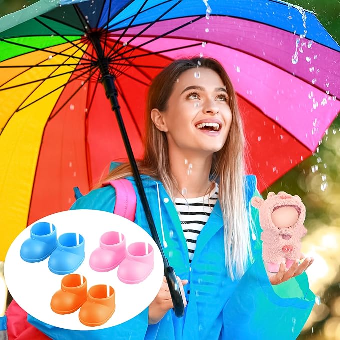 3 Pairs Cute Doll Shoes for 17cm Dolls Mini Rain Boots Fit Perfectly on 15cm/17cm Standing Sitting Series Multi Color Plastic Boots Cute Clothes Accessories (Pink Blue Orange)