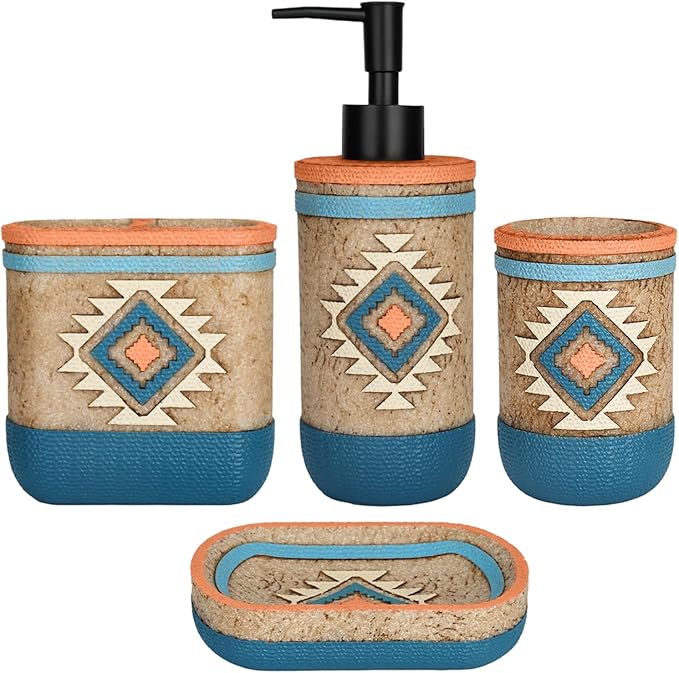 Bathroom Accessory Sets 4PCS Bathroom Accessories Set Complete Tribal Home Decor Southwest Pattern Shape Includes Lotion Dispenser Toothbrush Holder Tumbler Cup & Soal Dish