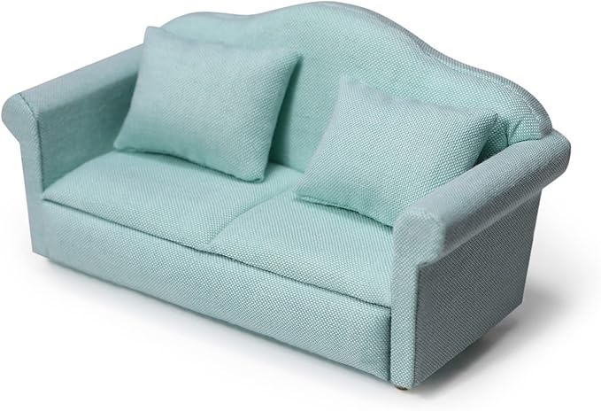 Dollhouse Couch Miniature Furniture Sofa with Pillows for Living Room Desktop Decoration Fabric Sofa Mini Home Scene Accessories Ornament (Double Sofa, Green)