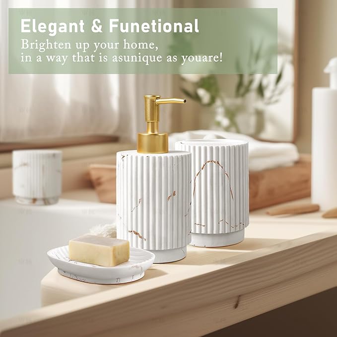 SEEYUAN Bathroom Accessories Set 4 Pcs-Toothbrush Holders Set, Soap Dispenser, Cotton Swab Jars, Vanity Tray, Bathroom Organizer for Modern Bathrooms Decor, Gift for Home Apartment