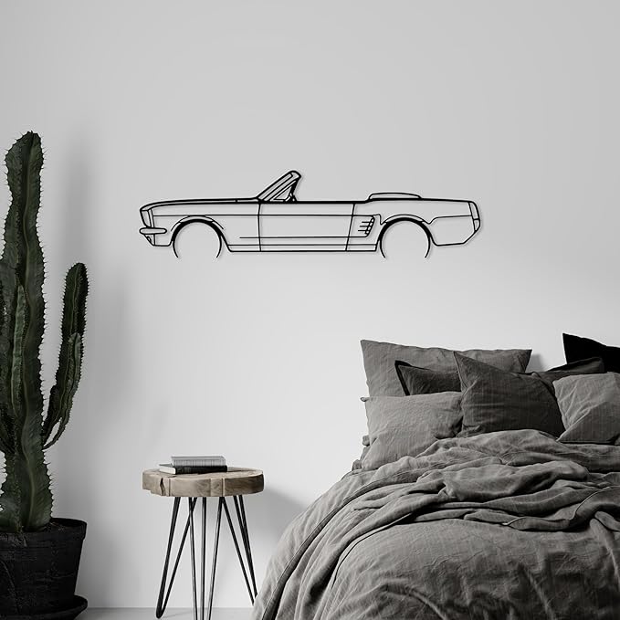 DecoSoul Mustang Metal Car Wall Art, Sports Car, Automotive Silhouette Line Decoration, Minimalist Sculpture for Garage, Indoor Outdoor Wall Hanging, Gift for Boyfriend (Black - 25 x 6.9” inch)