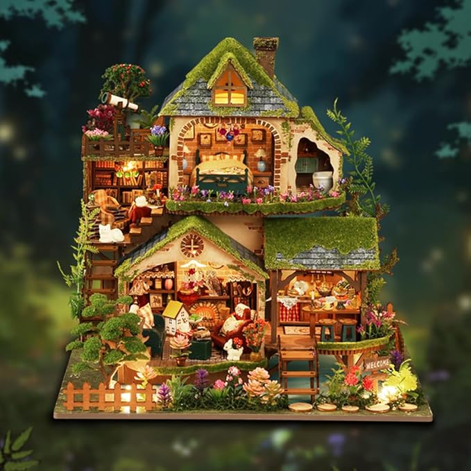 DIY Miniature Dollhouse Kit Forest Cottage Dollhouse Handcrafted Wooden Miniature House with LED Light for Adults Unique Gifts for Teens (Forest Adventure)