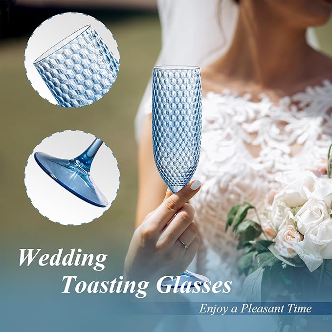 24 Pack Plastic Champagne Flutes Vintage Light Blue Goblet Champagne Glasses Unbreakable Wedding Toasting Glasses Diamond Wine Glasses Crystal Wine Cups Clear Drinking Glasses 5.5 OZ for Bridal Shower