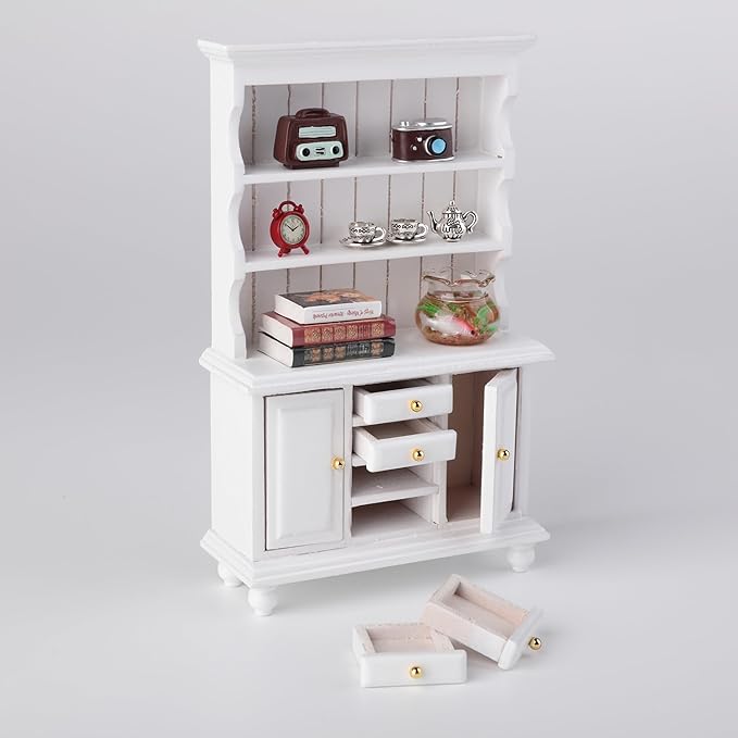 1/12 Dollhouse Cabinet Set, 11Pcs Dollhouse Miniature Wooden Bookshelf with Accessories (Alarm Clock, Fish Tank, Books, Coffee Cups) for Living Room,Dining Room,Study and Other Scenes