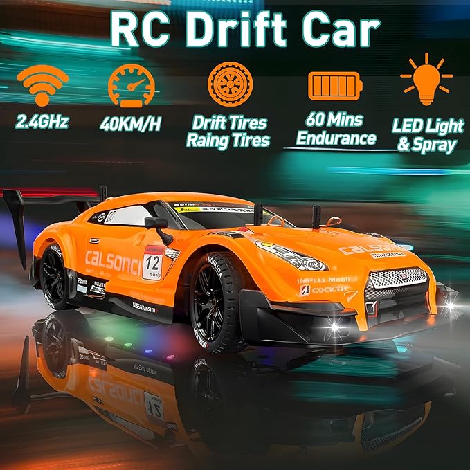 1:16 Spray RC Drift Car for Kids 4WD 2.4GHz 40KM/H High Speed Remote Control Car with LED Lights Drifting Tires & 2 Batteries, Racing Sport Toy for Boys Girls (Orange)