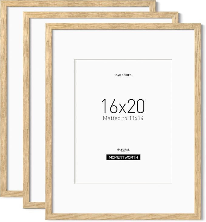 Momentworth 16x20 Frame with Mat for 11x14 set of 3, Solid Oak Wood 16x20 Frames for Horizontal & Vertical Wall Mounting(3 Pack,Oak)