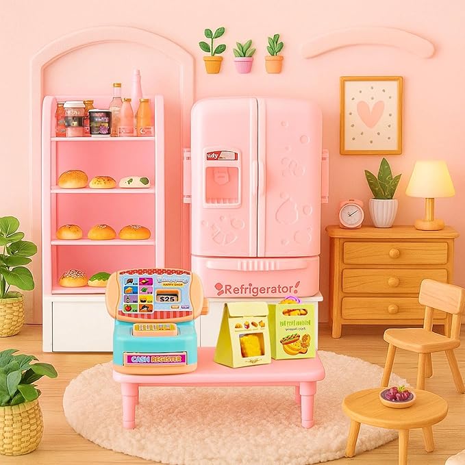 180 Pcs Dollhouse Furniture Miniature Kitchen Accessories Mini Shopping Cart Metal Trolley Basket Food Drink Toy Supermarket Store Grocery Shelves Cash Register Fridge Scale Pretend Play Game Party