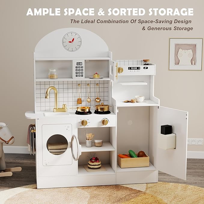 JOYDIAS Kids Play Kitchen Set, Pretend Wooden Kid Kitchen Playset Toy Kitchen w/Sound and Light, Oven, Washing Machine, Toy Coffee Station and Toddler Kitchen Accessories for Kids Age 3+