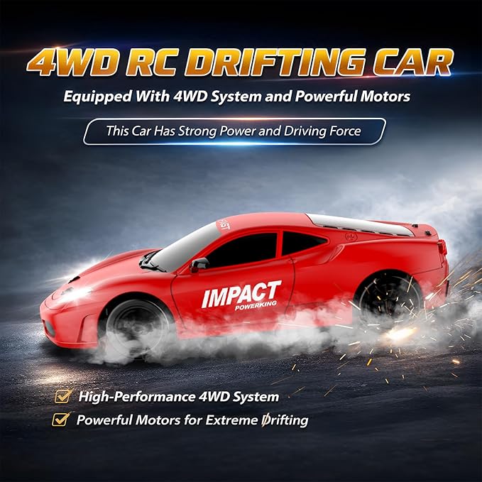 Remote Control Car RC Drift Car 2.4GHz 1:24 Scale 4WD 15KM/H High Speed Model Vehicle with LED Lights Drifting Tire Racing Sport Toy Car for Adults Boys Girls Kids Gift 2Pcs Rechargeable Batteries