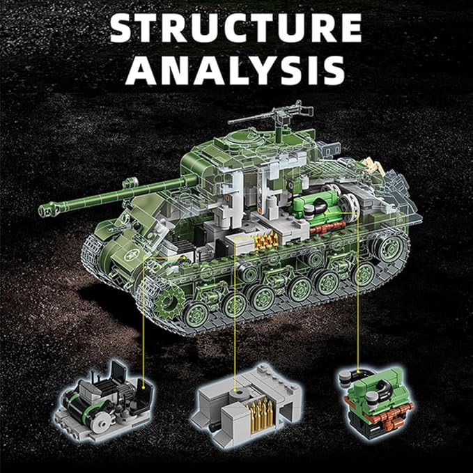 WW2 Military Tank M4 Pershing Heavy Building Block Set, 1703 Pcs WW2 Model with Rotating Gun & Figures, Army Toys for Adults & Collectors