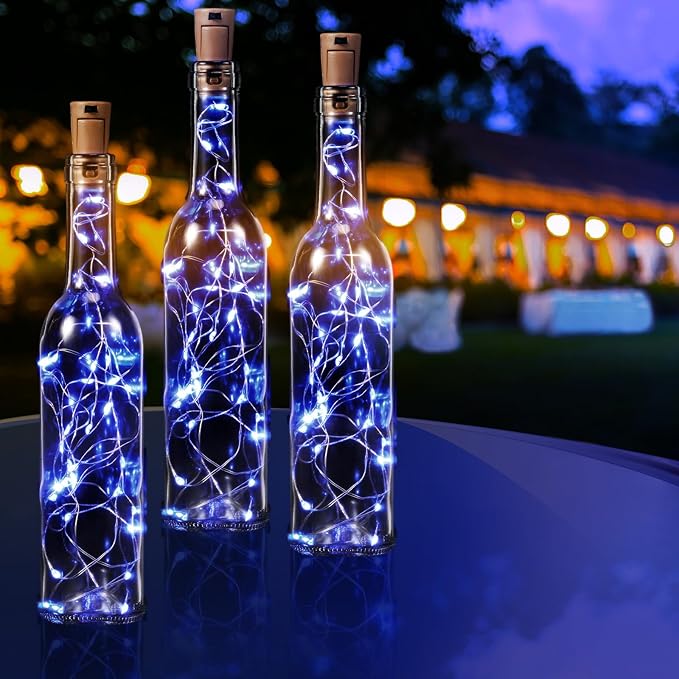Rtteri 12 Sets Small Empty Wine Bottles with Cork Lights Centerpiece and 30 LED Battery Operated Cork Lights for Birthday Wedding Party Decoration(375 ml,Blue)