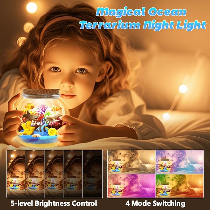 Ocean Light Up Terrarium Kit for Kids - LED Night Light Ocean Birthday Gifts for Girls & Boys Ages 4 5 6 7 8-12, Kids Arts & Crafts Kit,Christmas Gifts