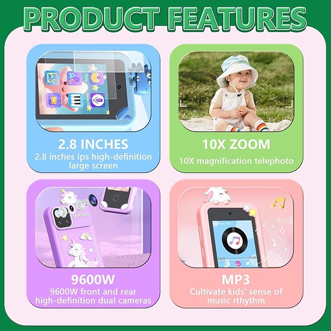 BEBESIRI Kids Camera Mini Smartphone Toy for Boys & Girls - 2.8" Touch Screen, 22 Learning Games, Dual Camera, Music Player, 32GB Card, Christmas Birthday Gift (Green Dinosaur)