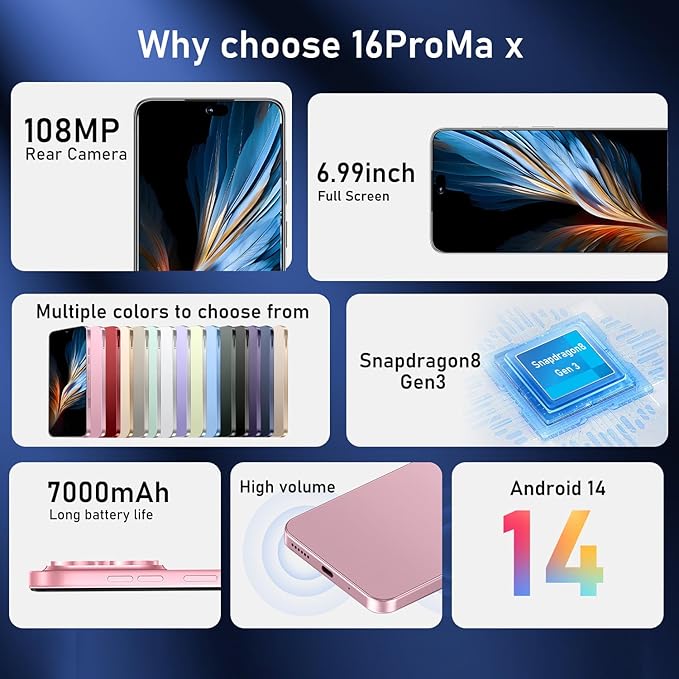 OEJBK 16PROMA X Smartphone New Upgrade 16GB+512GB/6.99" Display 68+108MP Zoom Camera,Tempered Glass Finish, 7000mAh Android 14 Smartphone (Pink)