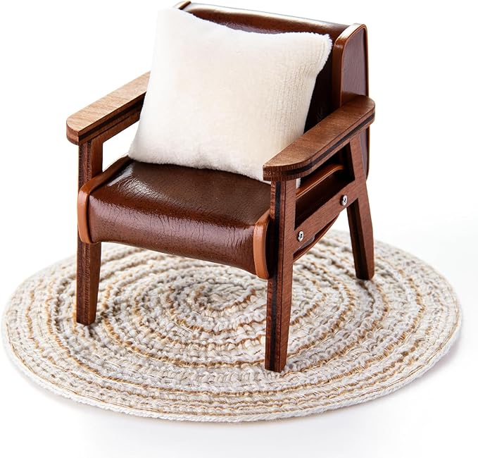1:12 Dollhouse Couch Furniture Set, 3pcs Dollhouse Living Room Set，Wooden and Leather Armchair ，White Pillow and Beige Round Blanket, Accessories Furniture for Living Room, Bedroom
