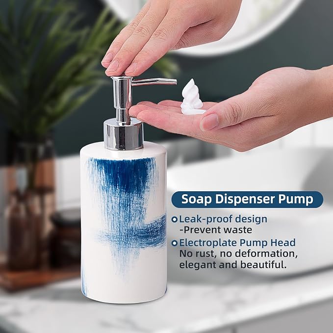 4 Piece Painted Ceramic Bathroom Accessory Set, Includes Soap Dispenser Pump, Toothbrush Holder, Tumbler, Soap Dish Sanitary, Ideas Home Gift for Ware Home Decor Bath(Blue & White)