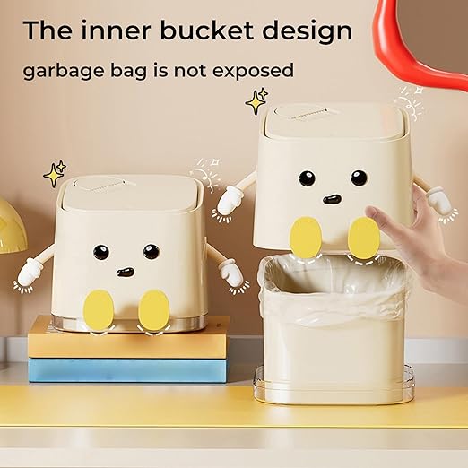 AIWE7D Mini Trash Can with Lid and Brush, Small Desktop Trash Can for Desk, Bathroom, Bedroom, Kitchen, Car, Office flip top Waste Basket Small Garbage can Hidden Bag Cute Compact Garbage Bin(Basic)