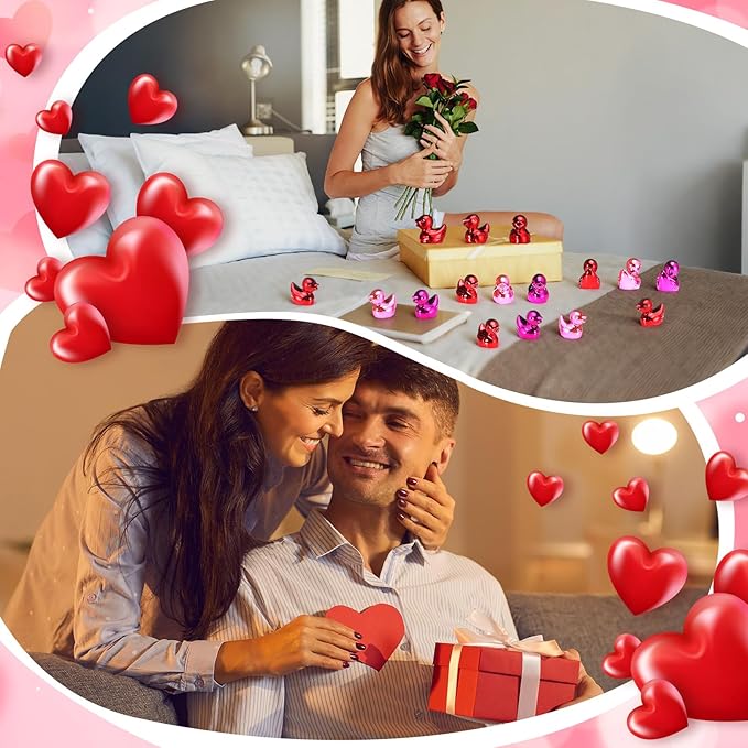 100 Pcs Shiny Valentines Day Mini Duck Figures Colorful Valentines Day Duck Decor Micro Landscape Aquarium Garden Hide and Seek Decoration Charm for Party Gift(Red, Fuchsia and Pink)